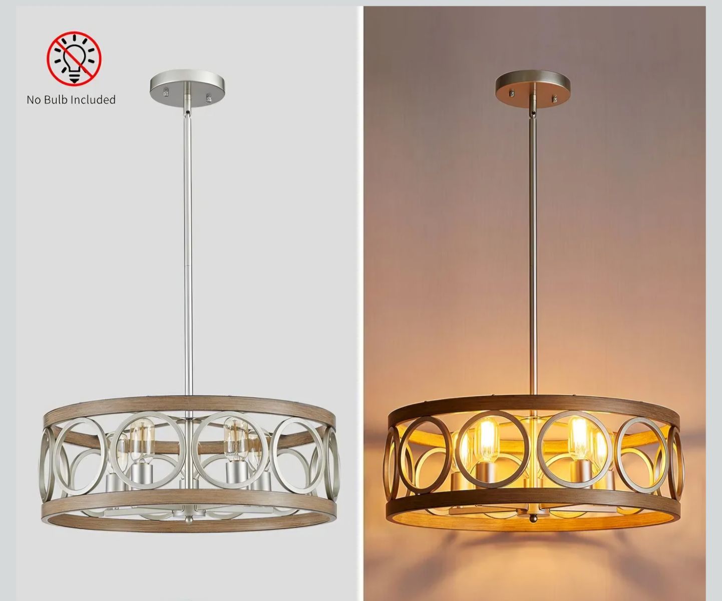 NIB Metal and Wood Drum Chandelier Light Fixture