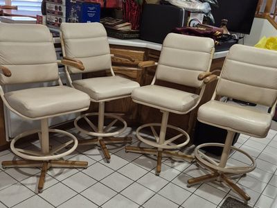 Set of 4 Ivory colored vinyl Bar Stools with wooden accents and footrests