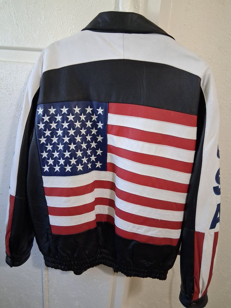 Jacket Leather Perfect USA American Flag Bomber Jacket - Black, White, Red & Blue, Size XL