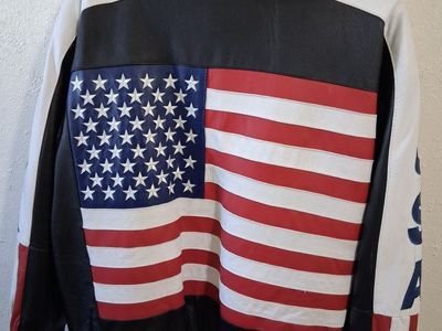 Jacket Leather Perfect USA American Flag Bomber Jacket - Black, White, Red & Blue, Size XL