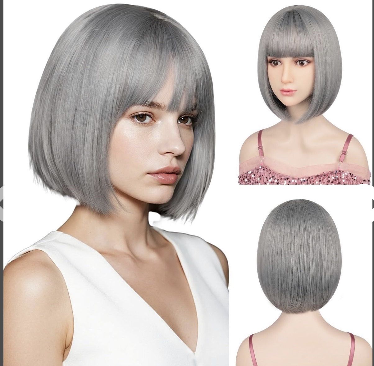Sarannala Short Straight Gray Bob Wig with Bangs - 12 Inch Heat Resistant