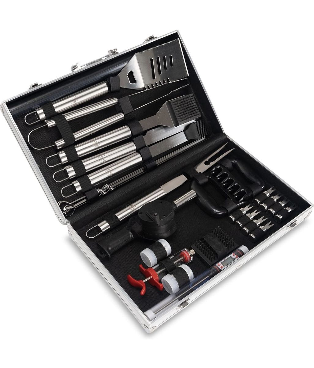 Pepe Nero 29-Piece BBQ Grill Tool Set with Aluminum Case and Stainless Steel Utensils