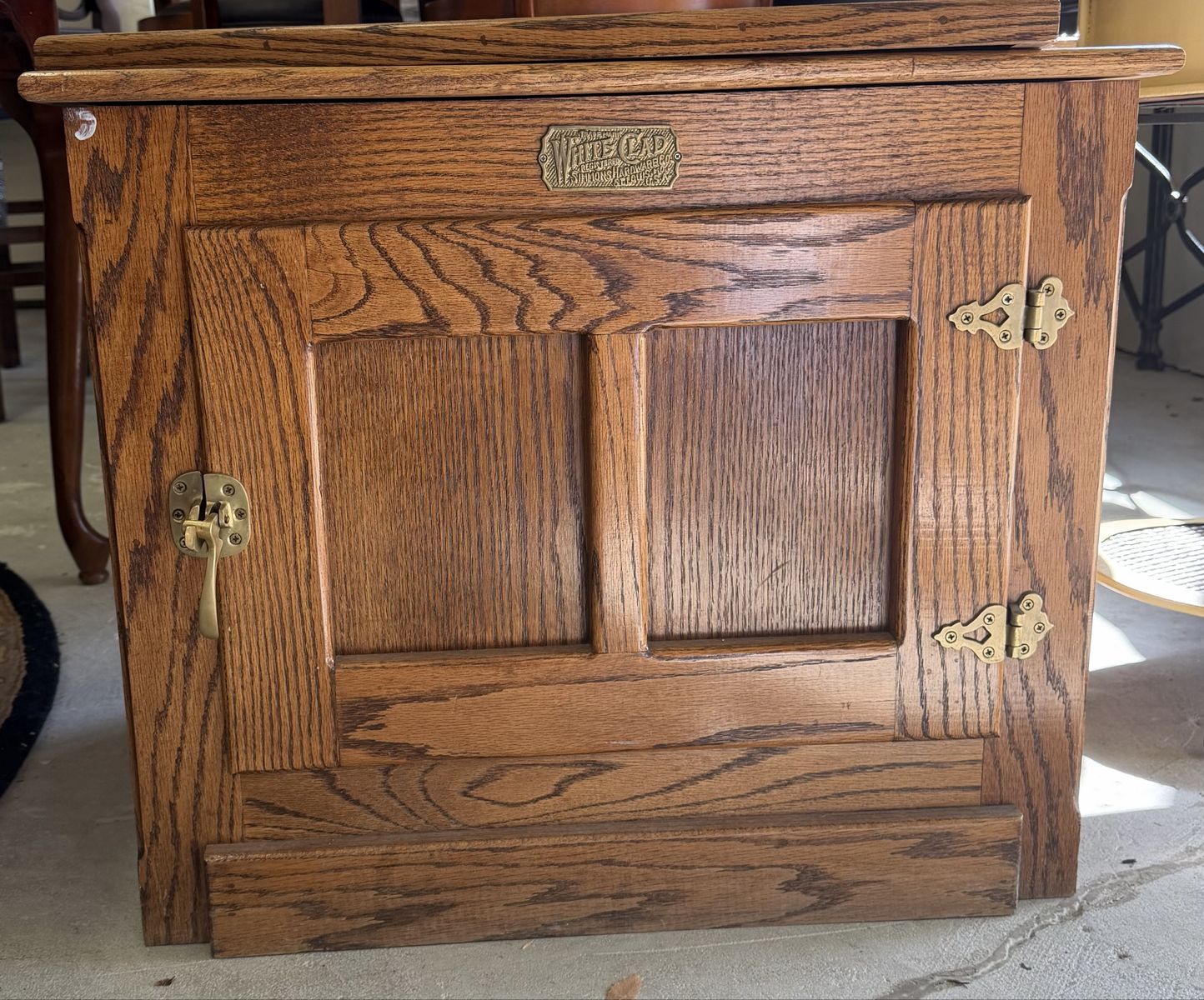 Vintage White Clad Oak Wooden Ice Box Cabinet with Brass Hardware