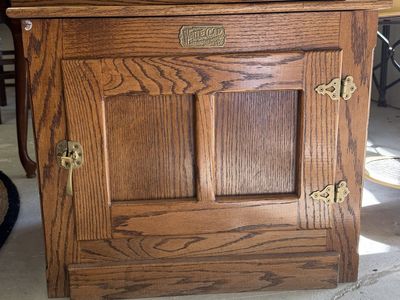 Vintage White Clad Oak Wooden Ice Box Cabinet with Brass Hardware