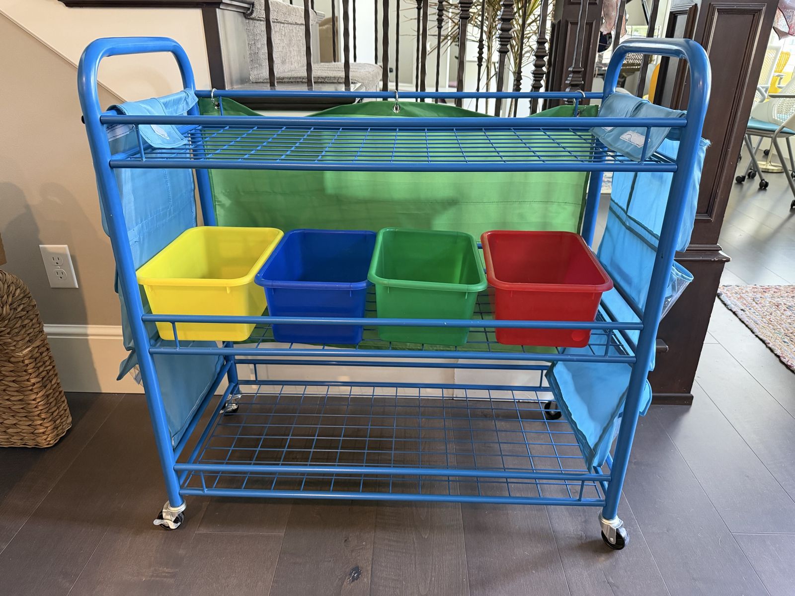 Free Kids' Mobile Toy Storage Cart with 4 Bins & Side Pockets - Blue/Primary Colors