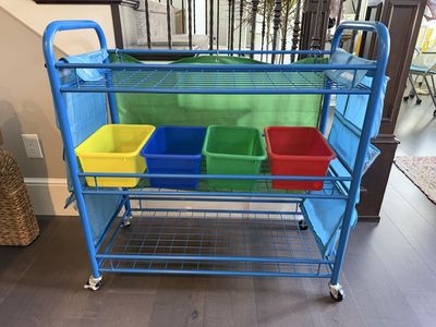 Free Kids' Mobile Toy Storage Cart with 4 Bins & Side Pockets - Blue/Primary Colors