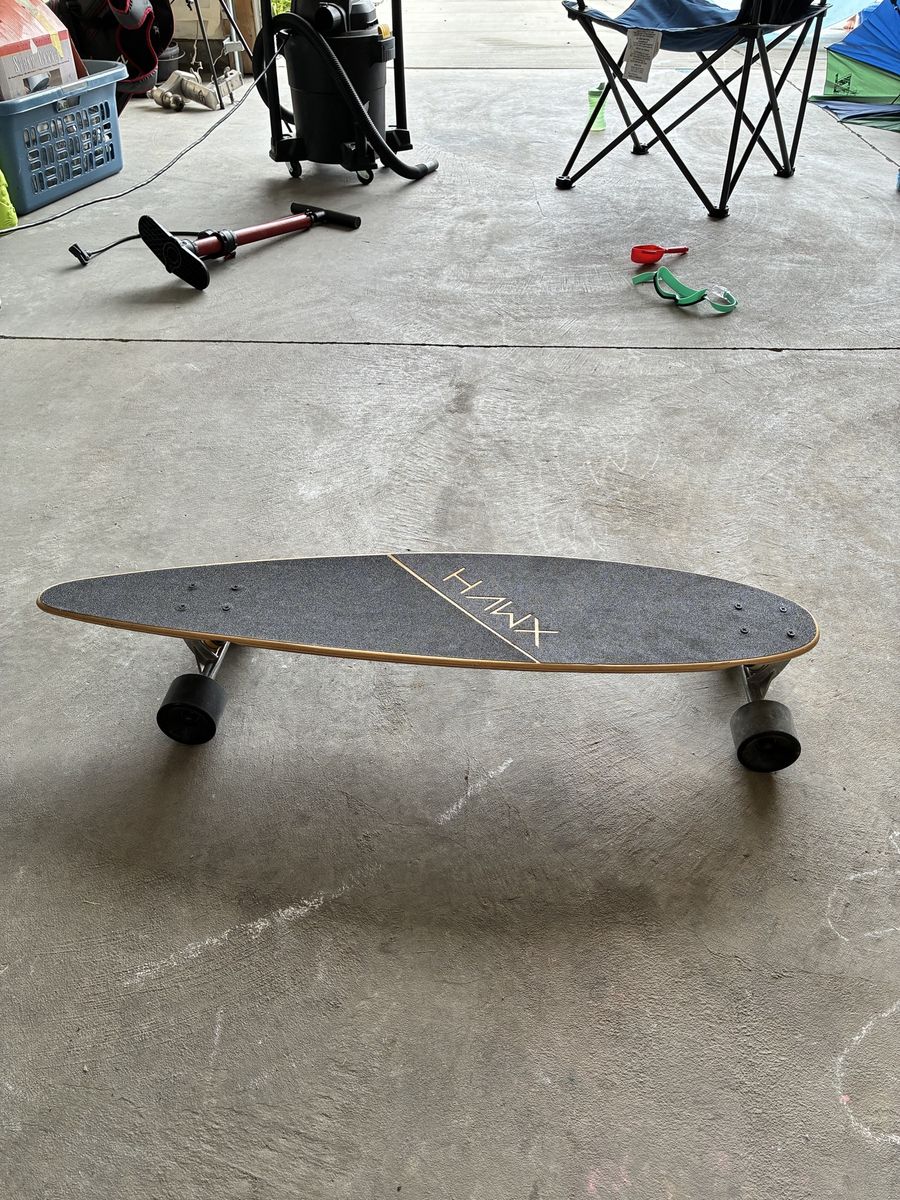 Hawx Longboard Skateboard - Black/Wood with White/Blue Graphic Design, Used