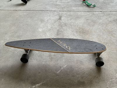Hawx Longboard Skateboard - Black/Wood with White/Blue Graphic Design, Used