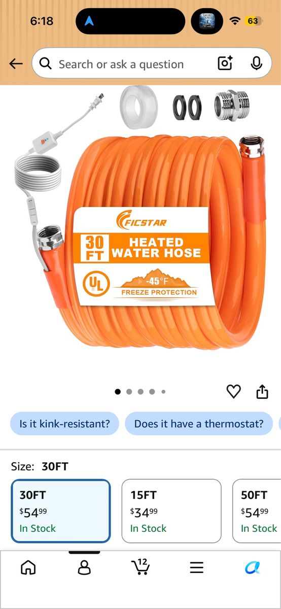FICSTAR 30FT Heated RV Water Hose - Self-Regulating Freeze Protection