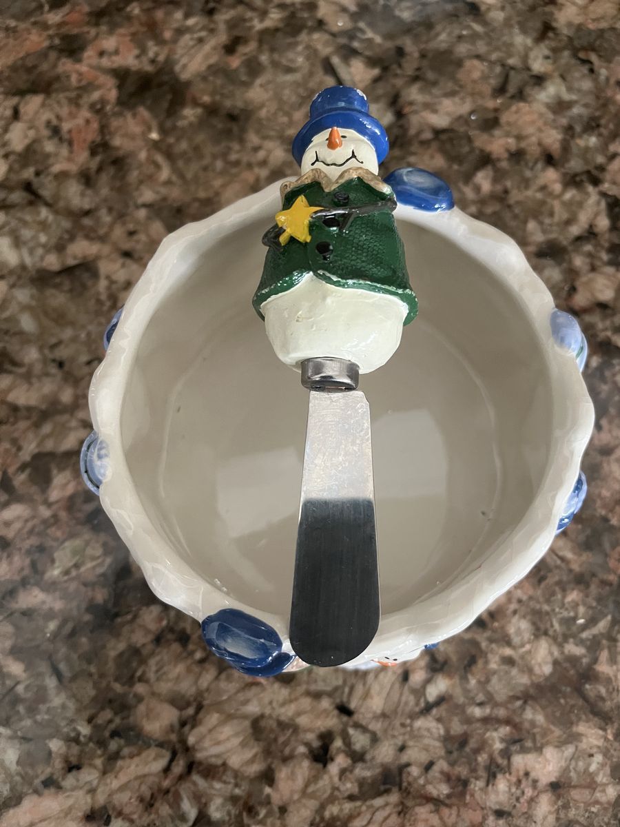 St. Nicholas Square ceramic Snowman dip bowl with matching stainless steel cheese or dip spreader