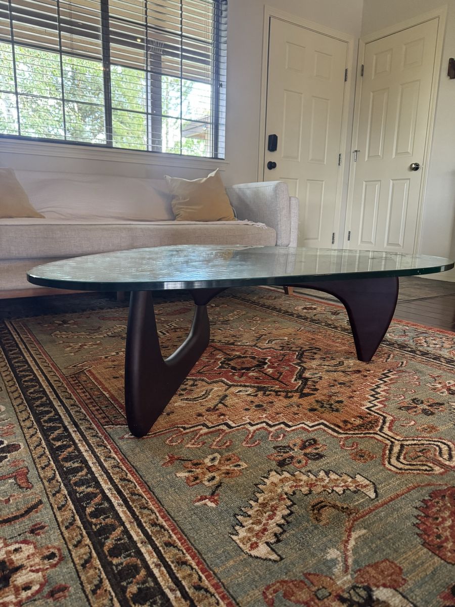 Mid-Century Modern Glass Coffee Table with Dark Wood Base