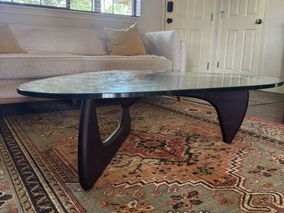 Mid-Century Modern Glass Coffee Table with Dark Wood Base