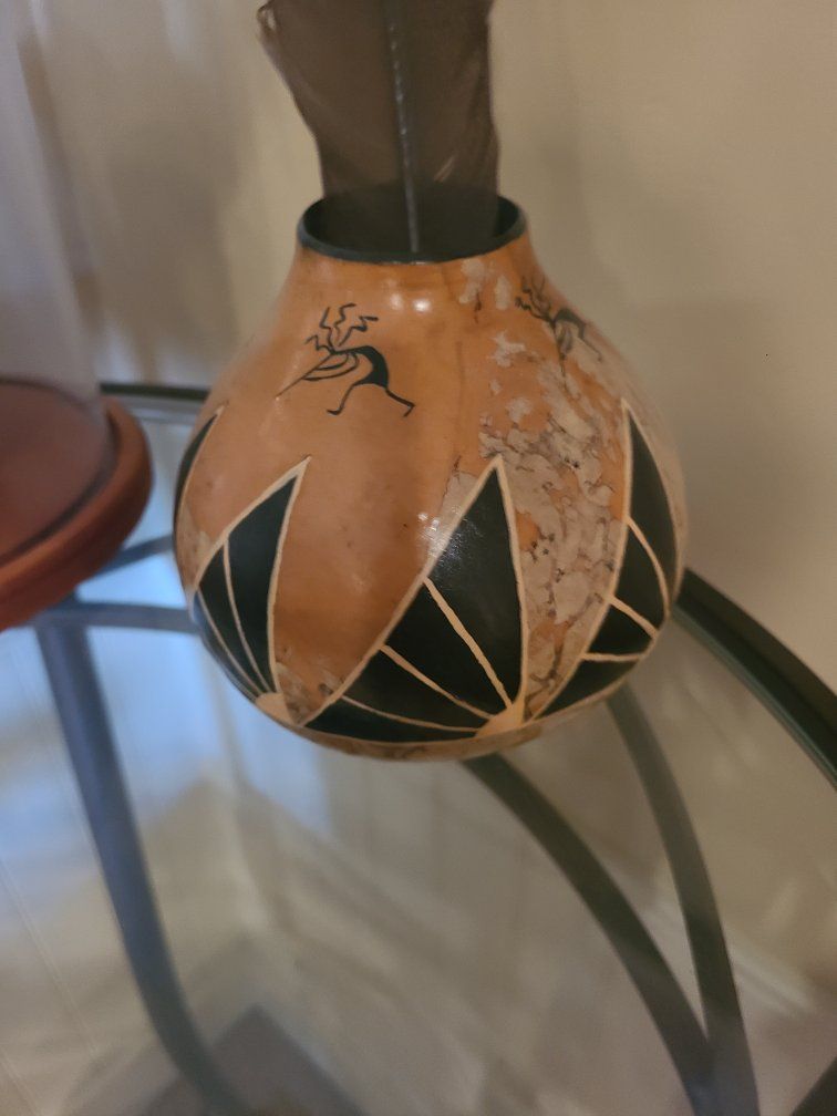D. Long Navajo Hand-Painted Gourd Art Vase - Native American Kokopelli Design