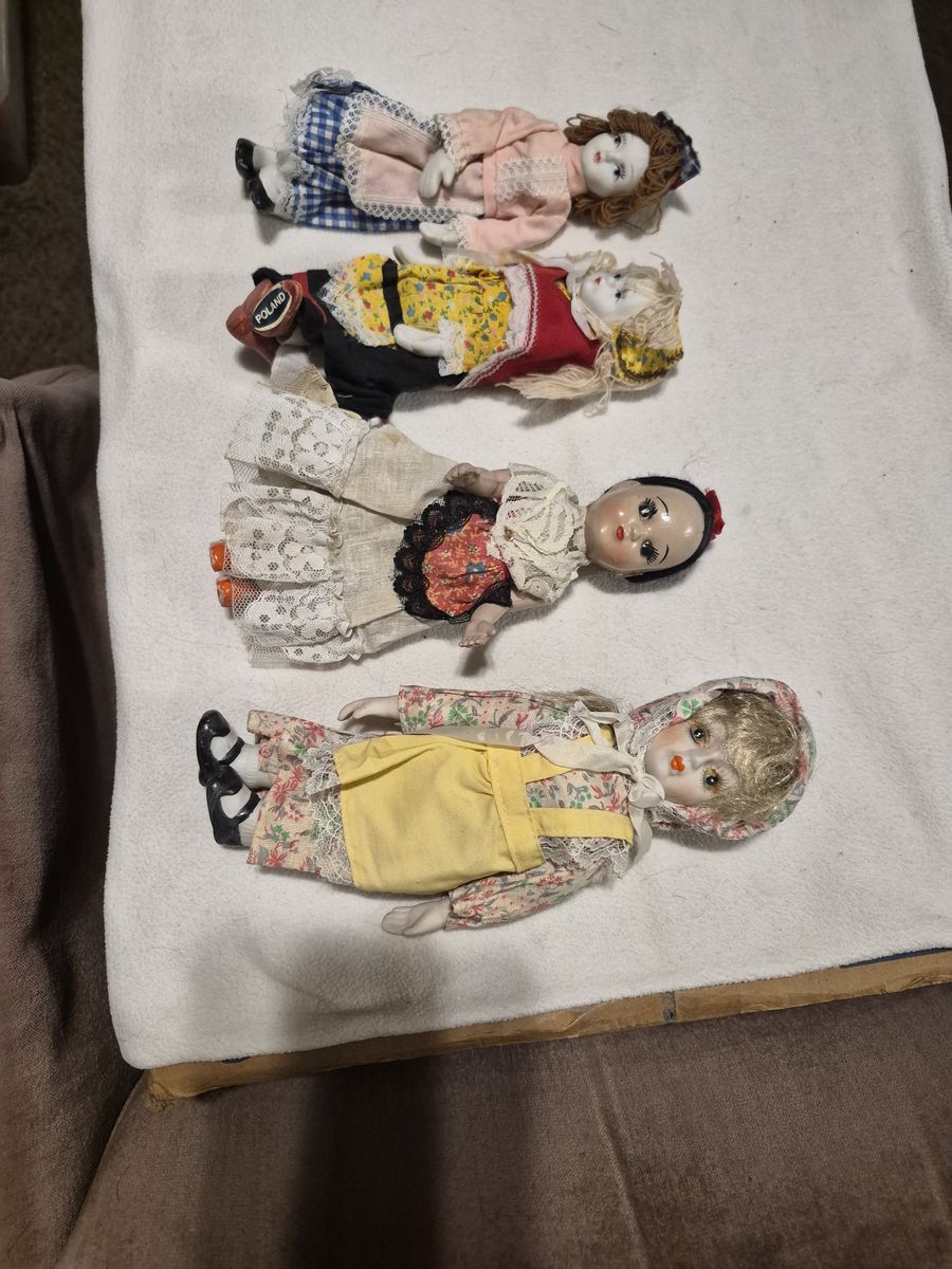 Lot of 4 Vintage Dolls, small, international outfits - Collector's Items