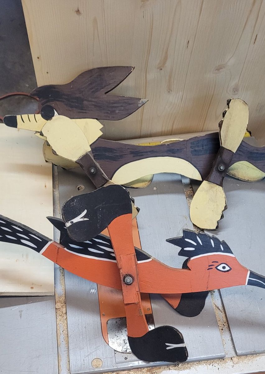 Handmade Wooden Roadrunner & Coyote Whirligig Garden Decor - Kinetic Wind Spinner Art. The legs turn from the wind.