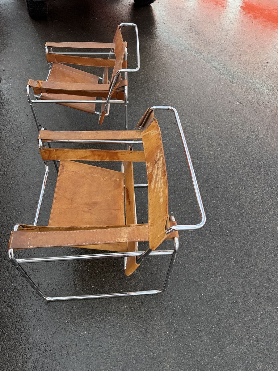 Vintage 1970s Wassily Style Chrome Lounge Chairs – Pair – Bauhaus Design