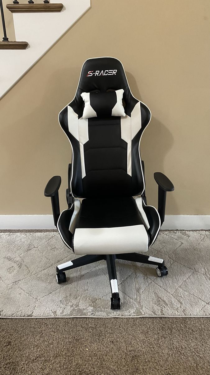 S-RACER Ergonomic Gaming Chair Black and White Leatherette Desk Chair