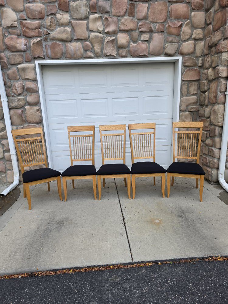 Set of 5 Wooden Dining Chairs with Black Upholstered Seats