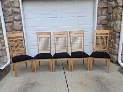 Set of 5 Wooden Dining Chairs with Black Upholstered Seats