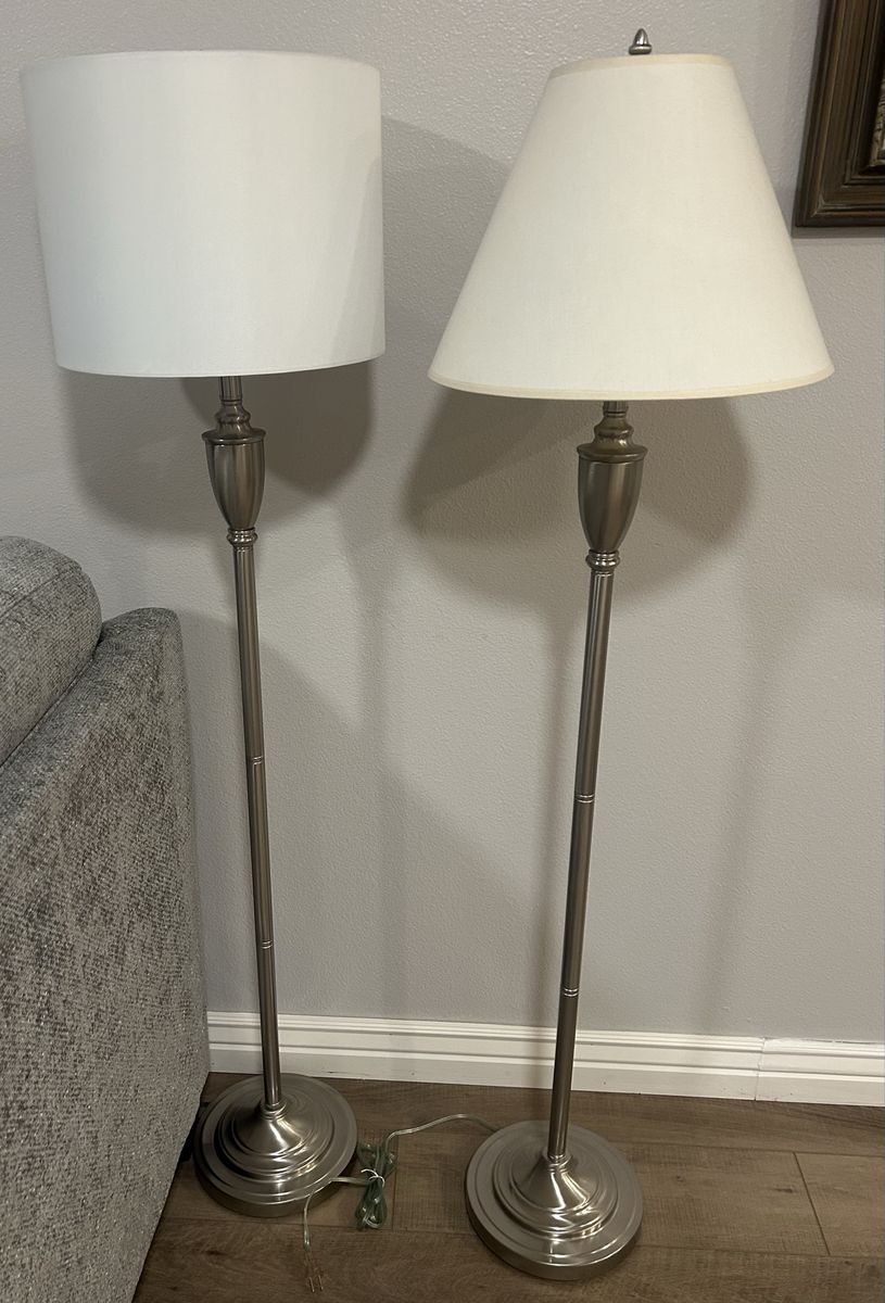 Pair of Brushed Nickel Floor Lamps with White Empire and Drum Shades