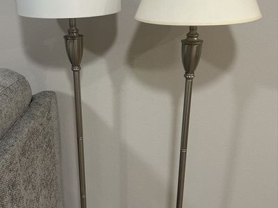 Pair of Brushed Nickel Floor Lamps with White Empire and Drum Shades