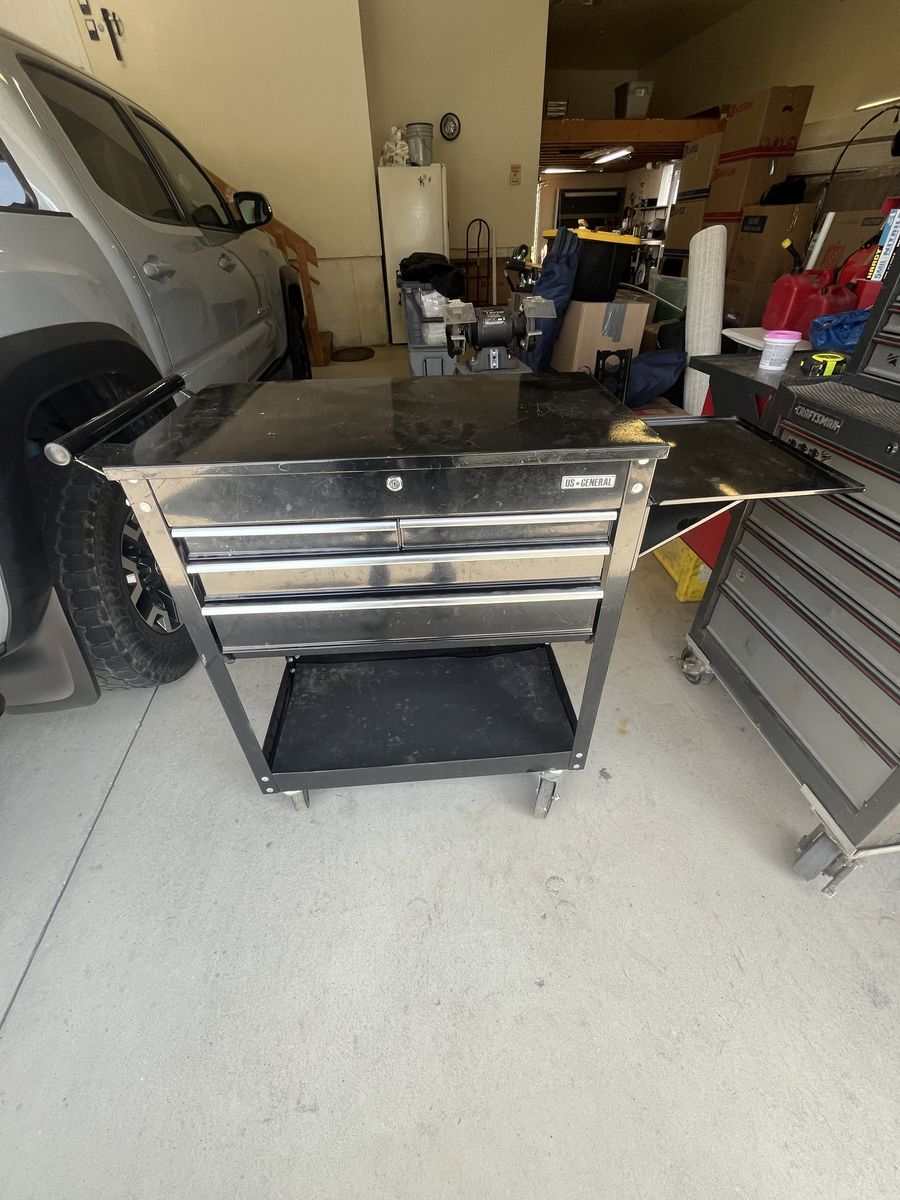 U.S. General Black 4-Drawer Mechanics Tool Cart with Folding Side Shelf