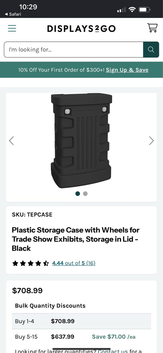 Displays2Go TEPCASE Plastic Storage Case w/ Wheels for Trade Show Exhibits - Black