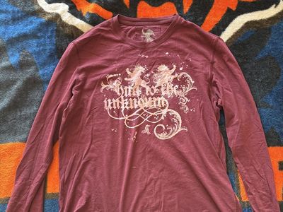 Express Men's L Maroon Long Sleeve T-Shirt "Hunt for the Unknown" Graphic Tee