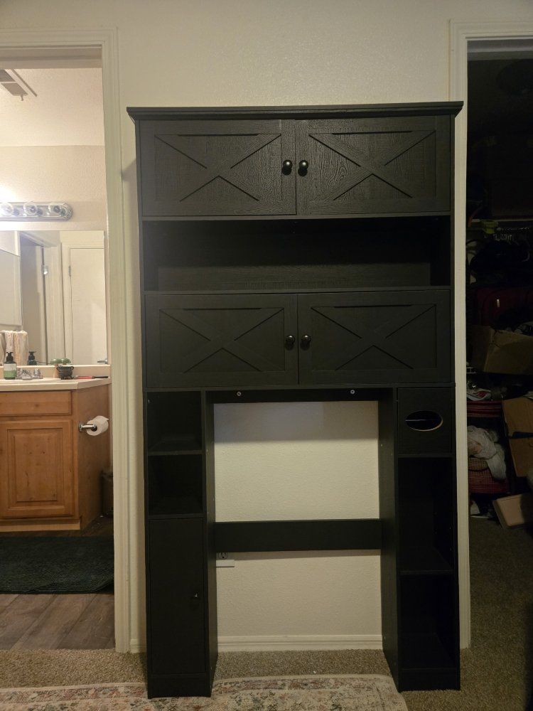 Over The Toilet Storage Cabinet, Storage Cabinet Over Toilet with 4 Doors & Toilet Paper Holder Stand, Freestanding Toilet Shelf