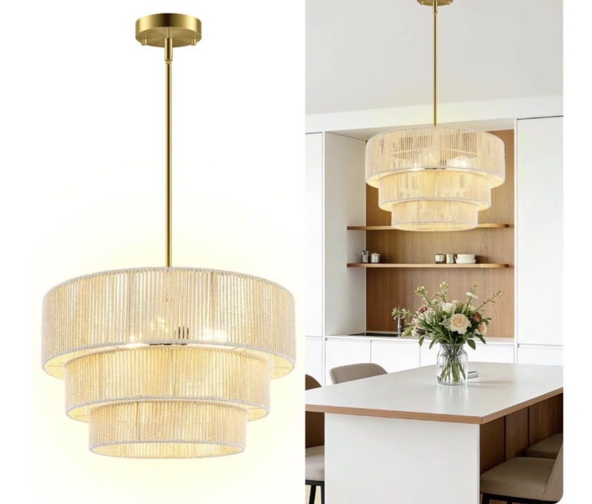 New Boho Rattan 3-Light Chandelier, 16.5'' Tiered Hand Woven Pendant Lamp, Gold Metal Pipe Fixture
