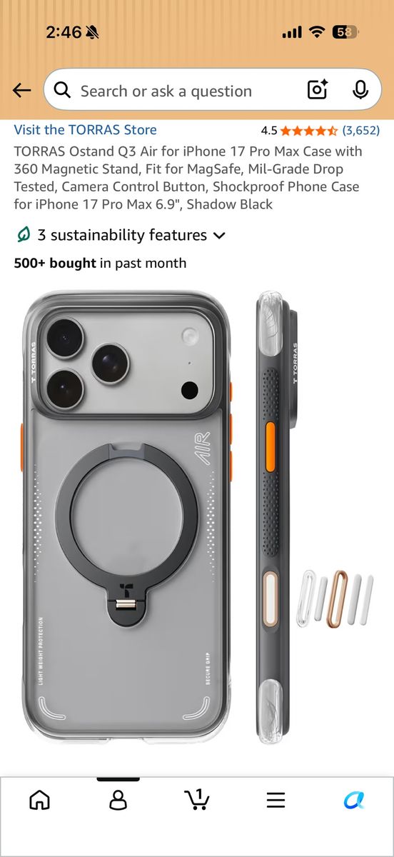 New  phone case TORRAS Ostand Q3 Air for iPhone 17 Pro Max in Shadow Black