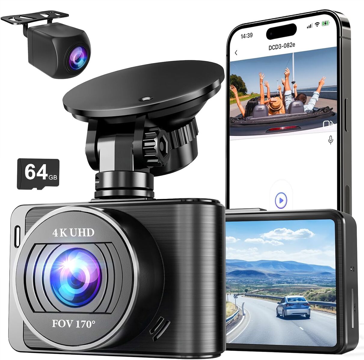 NIB - 4K/1080p Dash Cam Front/Rear, 5GWiFi, 64 GB SD Card, Full HP 2.0 IPS Screen, G sensor, Loop recording, parking mode