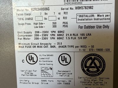 York Central Air Conditioner Unit H2RC048S06G R22 Outdoor Use