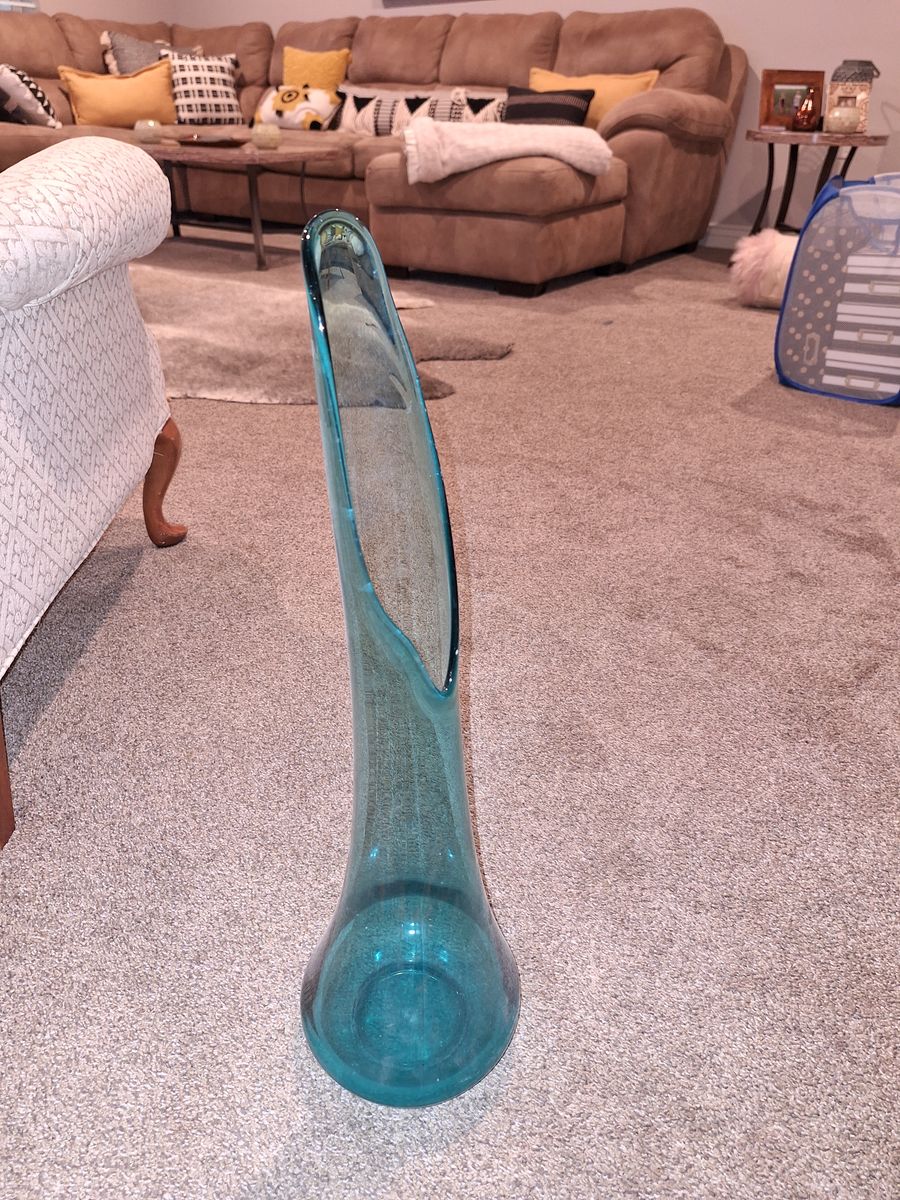 Large Teal Blown Glass Floor Vase - Modern Asymmetrical Top, Bubble Design