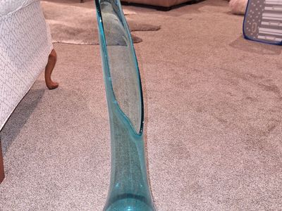 Large Teal Blown Glass Floor Vase - Modern Asymmetrical Top, Bubble Design