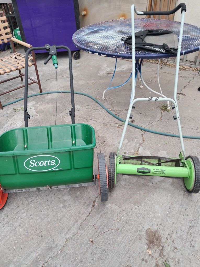 Two for One price 
Greenworks 16 inch mower and 
Scott's Accugreen Spreader