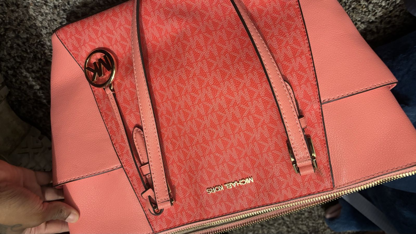 Michael Kors Coral Monogram Signature Print Leather Satchel Handbag Gold-Tone Hardware