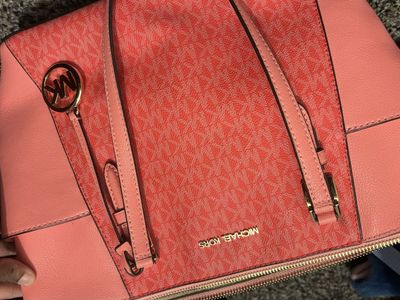 Michael Kors Coral Monogram Signature Print Leather Satchel Handbag Gold-Tone Hardware