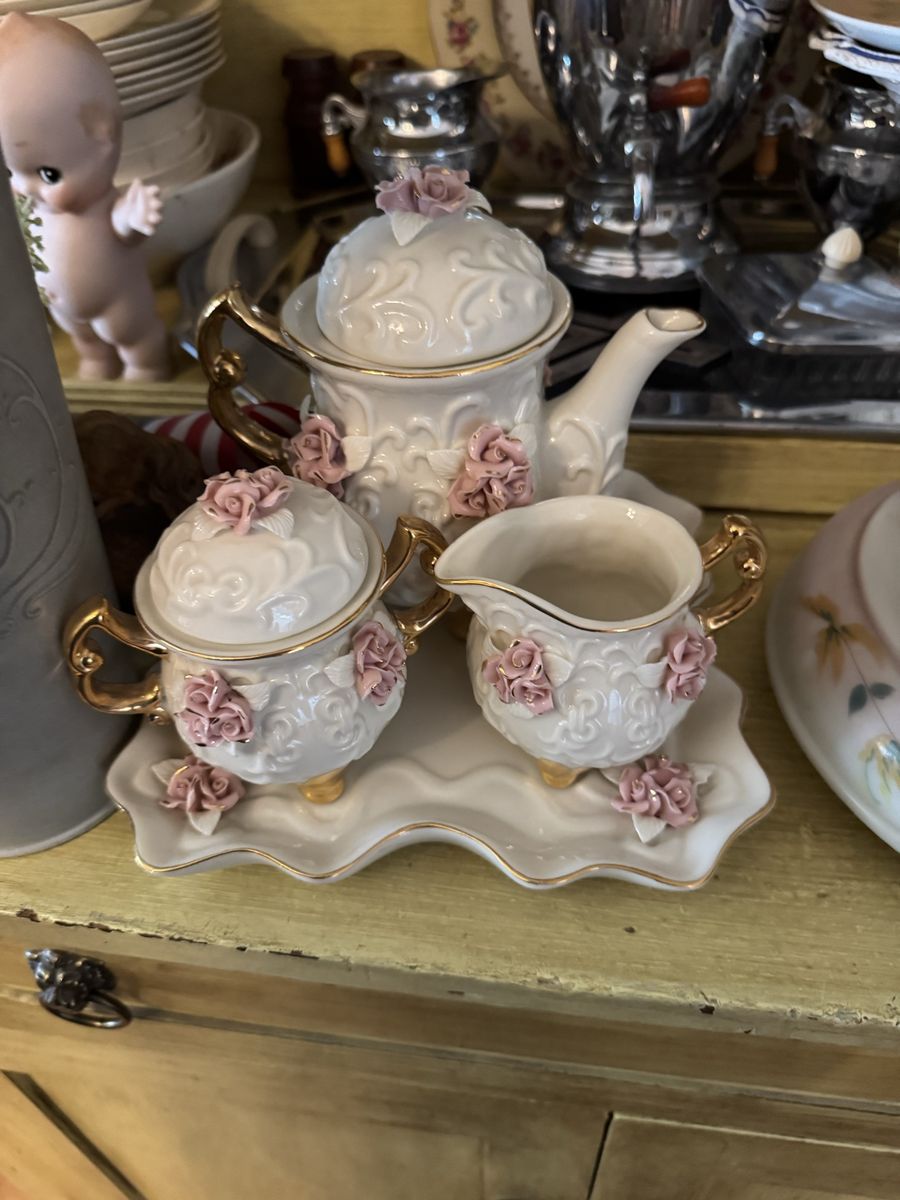 Vintage White Ceramic Tea Set with Pink Roses, Gold Trim - Teapot, Sugar Bowl, Creamer, Tray