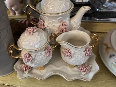 Vintage White Ceramic Tea Set with Pink Roses, Gold Trim - Teapot, Sugar Bowl, Creamer, Tray