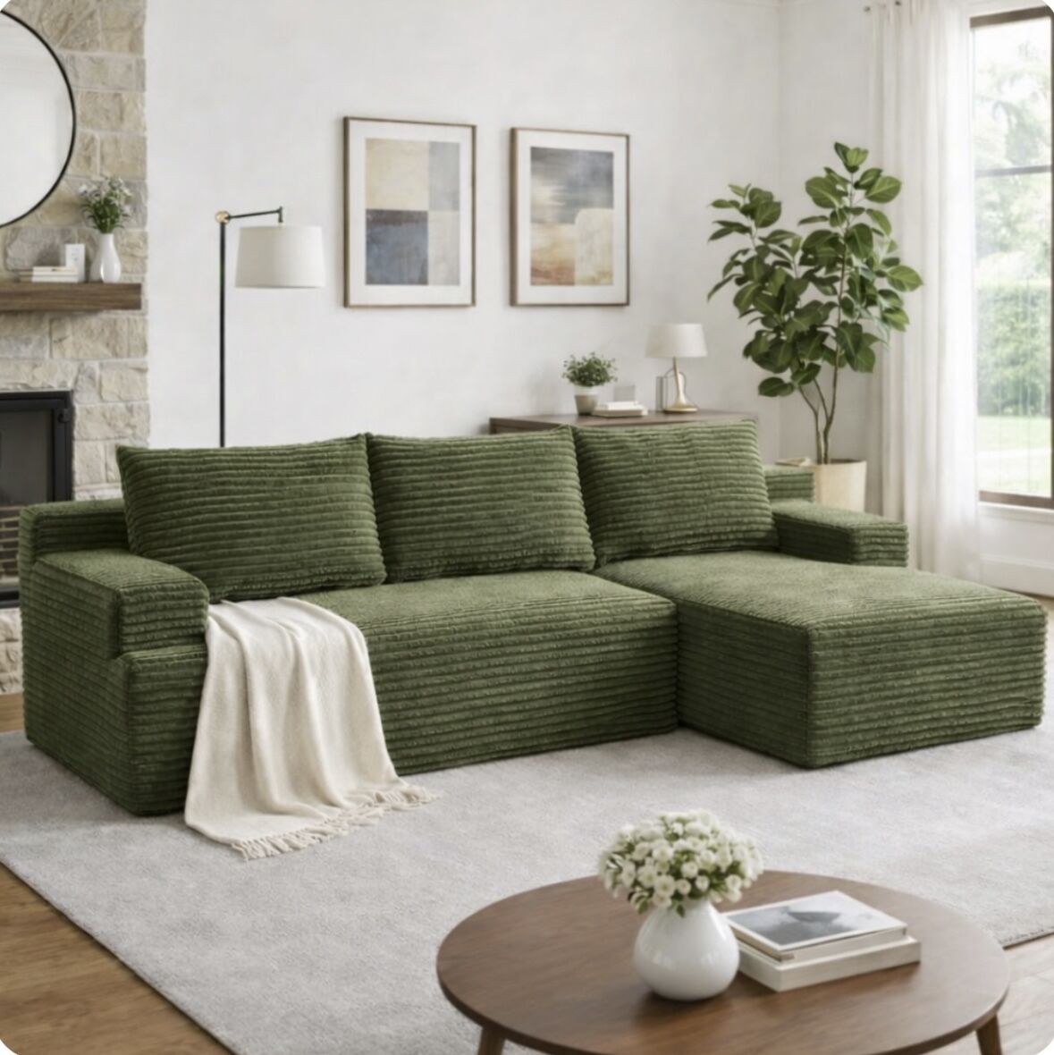 NEW 105 Moss Green sectional sofa corduroy cloud