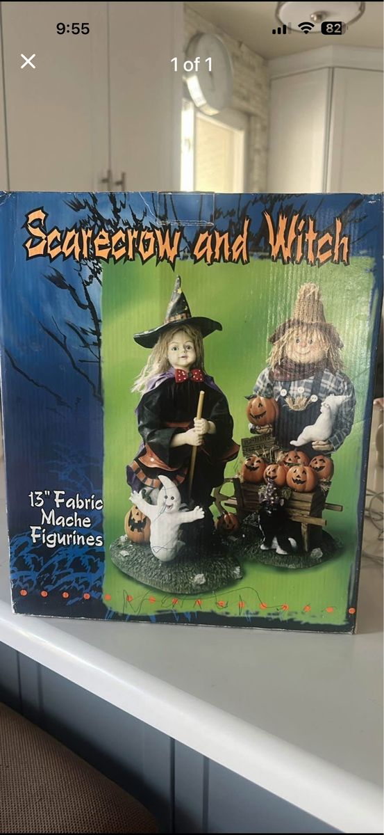 13 Inch Fabric Mache Scarecrow and Witch Halloween Figurines