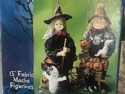 13 Inch Fabric Mache Scarecrow and Witch Halloween Figurines