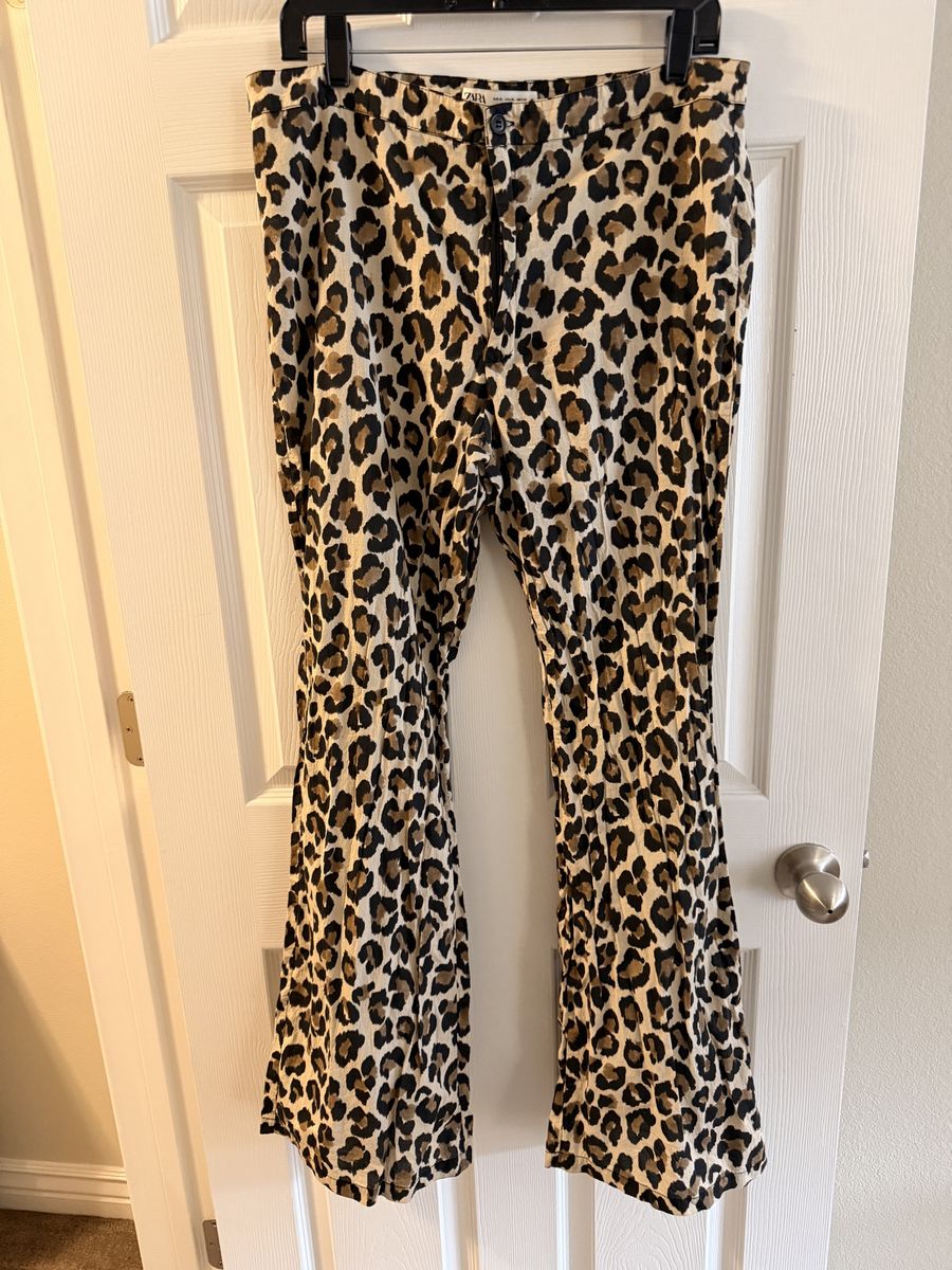 ZARA Leopard Print Flare Pants Size XL High Rise Wide Leg Animal Print