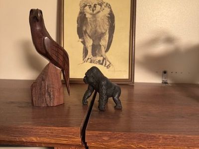 Sketch owl; gorilla and wooden bird