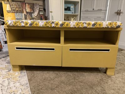 Yellow Entryway Bench with Floral Cushion - Storage Drawers & Shelves