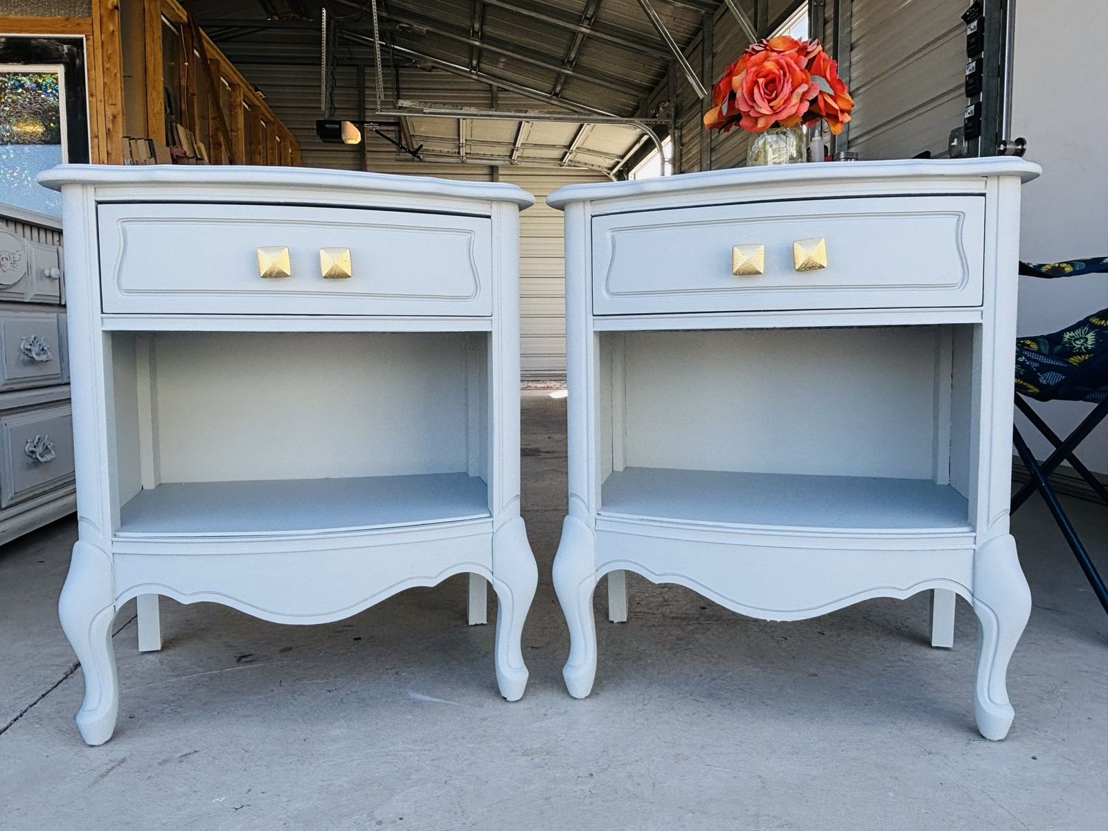 Pair of Light Gray French Provincial Nightstands with Gold Hardware, Single Drawer & Open Shelf