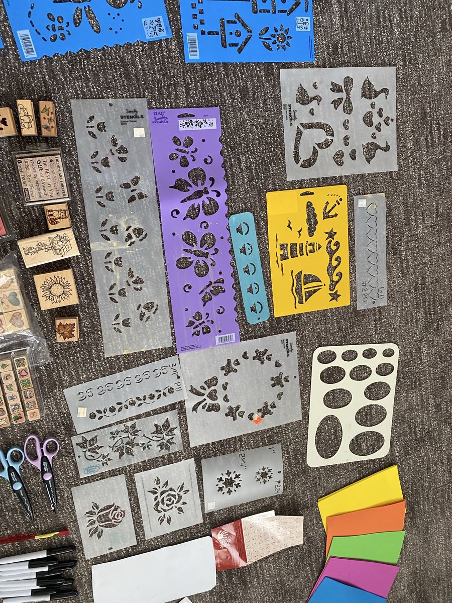 Bulk Crafting Supply Lot Stencils Stamps Fiskars Edging Scissors Markers Mounting Squares