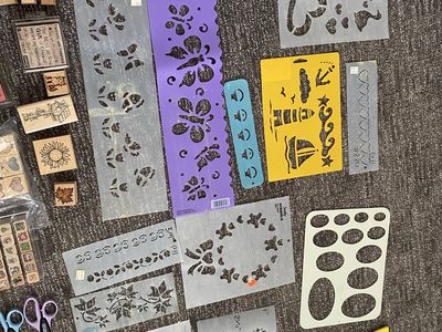 Bulk Crafting Supply Lot Stencils Stamps Fiskars Edging Scissors Markers Mounting Squares