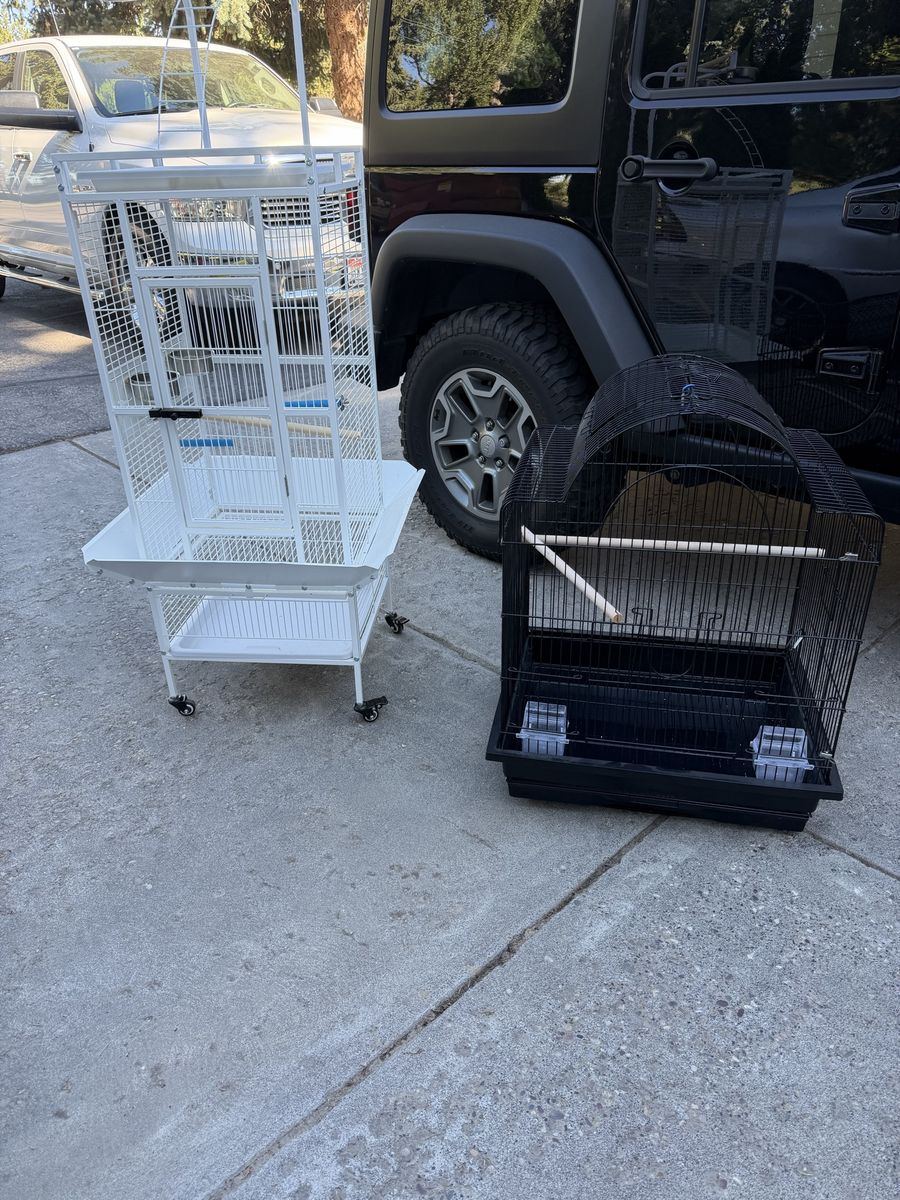 Two Bird Cages - Large White with Stand & Smaller Black Cage